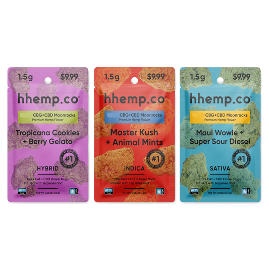 Package for HHEMPCO Terp Blend Moonrock, 1.5g pouch. The packaging features a sleek, dark design with a moonrock graphic and bold text indicating the product name and weight