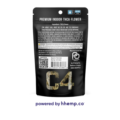 The back view of the "Players Only 3.5g THCA Flower" pouch for the "C4 Gorilla Glue" strain. This image shows the product’s detailed information, including ingredients, usage instructions, and any necessary warnings. The design maintains the earthy tones and rugged graphics from the front, ensuring a consistent and visually appealing presentation.