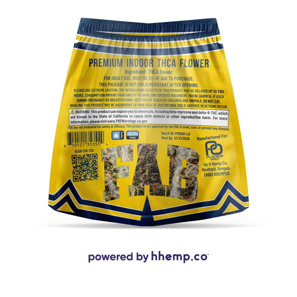 The back view of the "Players Only 3.5g THCA Flower" pouch for the "Fab 5 Lemon Gelato" strain. This image shows the detailed product information, including ingredients, usage instructions, and any relevant disclaimers. The back label continues the lemon-yellow and blue-colored theme, maintaining a cohesive and professional appearance.