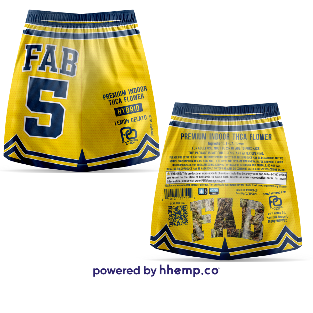 A dual image showing the front and back of the "Players Only 3.5g THCA Flower" pouch for the "Fab 5 Lemon Gelato" strain. The front of the pouch features the product name and strain information in bold text with a vibrant gym shorts design. The back of the pouch provides additional product details, including ingredients and usage instructions. The packaging maintains a cohesive theme with colorful, eye-catching graphics