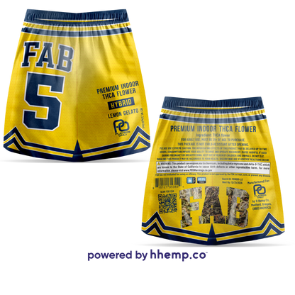 A dual image showing the front and back of the "Players Only 3.5g THCA Flower" pouch for the "Fab 5 Lemon Gelato" strain. The front of the pouch features the product name and strain information in bold text with a vibrant gym shorts design. The back of the pouch provides additional product details, including ingredients and usage instructions. The packaging maintains a cohesive theme with colorful, eye-catching graphics